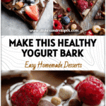 Heart-shaped chocolate Greek yogurt bark topped with berries and nuts, a Super Healthy Desserts Clean Eating idea for Healthy Desserts For Sweet Tooth and Best Snacks For Dieting.
